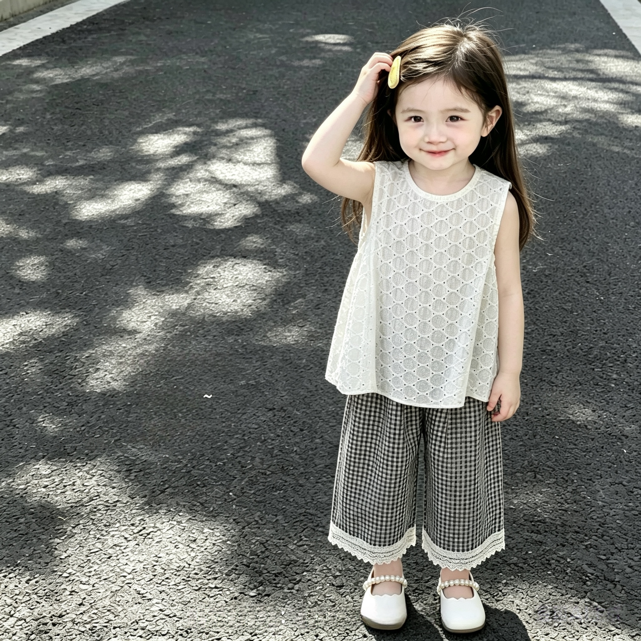 100-140码2026年夏季套装超软女童白色娃娃衫格子裤子2件套洋气