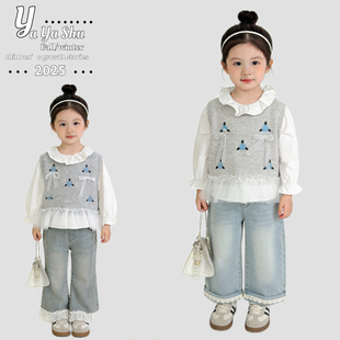 110-150码2026新款春装套装女童针织马甲立领娃娃衫牛仔裤3件套装