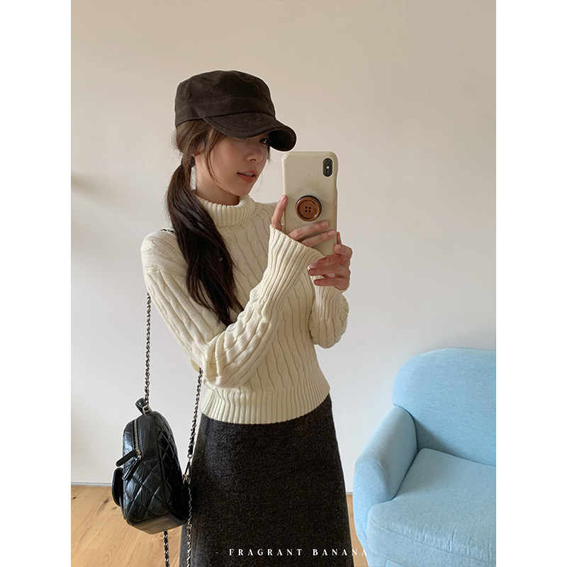 100%棉高领麻花修身毛衣女秋季