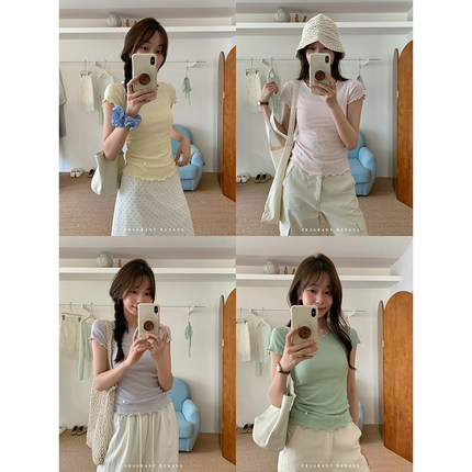 香香的蕉 高捻棉木耳花边短袖T恤女夏款修身弹力上衣