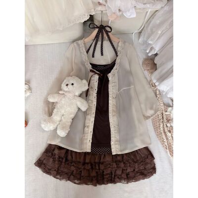 【清柚栀香】清新少女穿搭森系温柔小个子春夏开衫+吊带+短裙套装