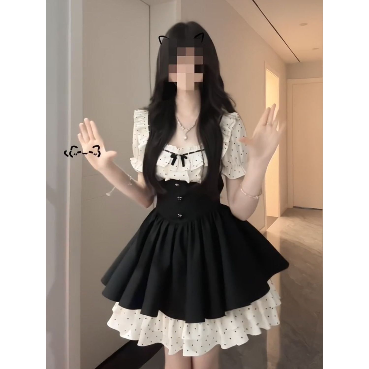 古堡千金 法式miu系甜美波点连衣裙女夏季气质蛋糕蓬蓬黑色短裙子