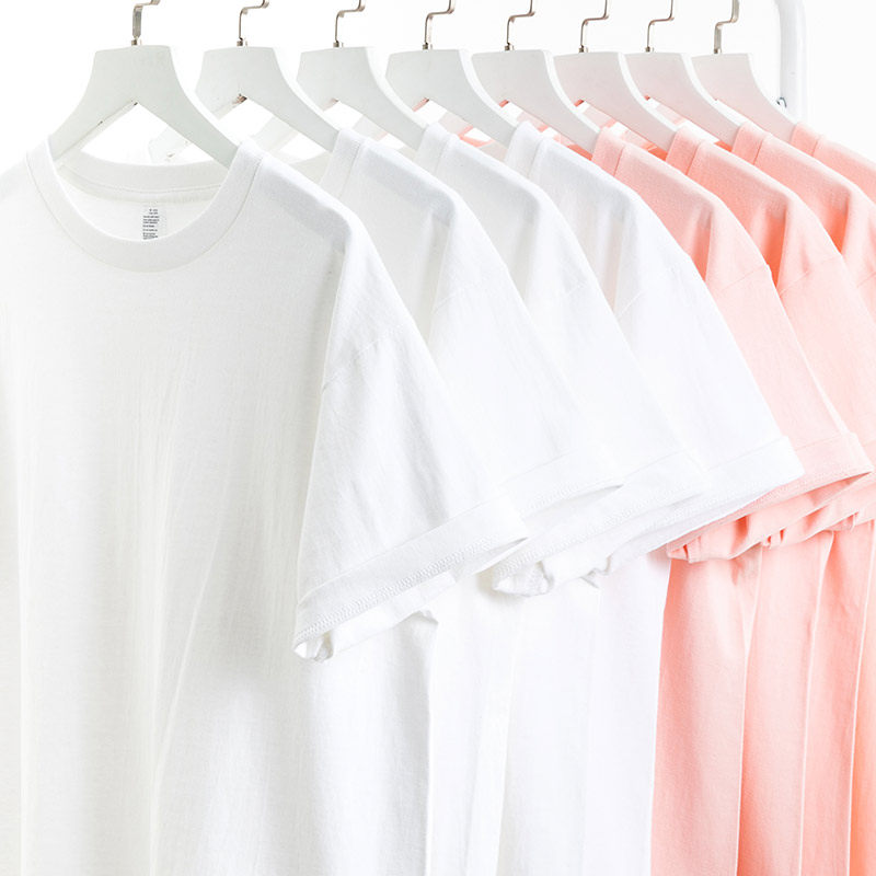 COMFORTABLE TO WEAR  250G HEAVY COTTON ROUND NECK SHORT SLEEVE BUTTON T-SHIRT SIMPLE SOLID COLOR LOOSE TOP SUMMER ALL-MATCH