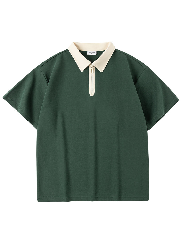 INK GREEN RICE APRICOT  HEAVYWEIGHT HALF-ZIP COTTON-PIQUE SHORT-SLEEVED POLO SHIRT FOR SUMMER FASHION LOOSE MENS AND WOMENS SHIRTS