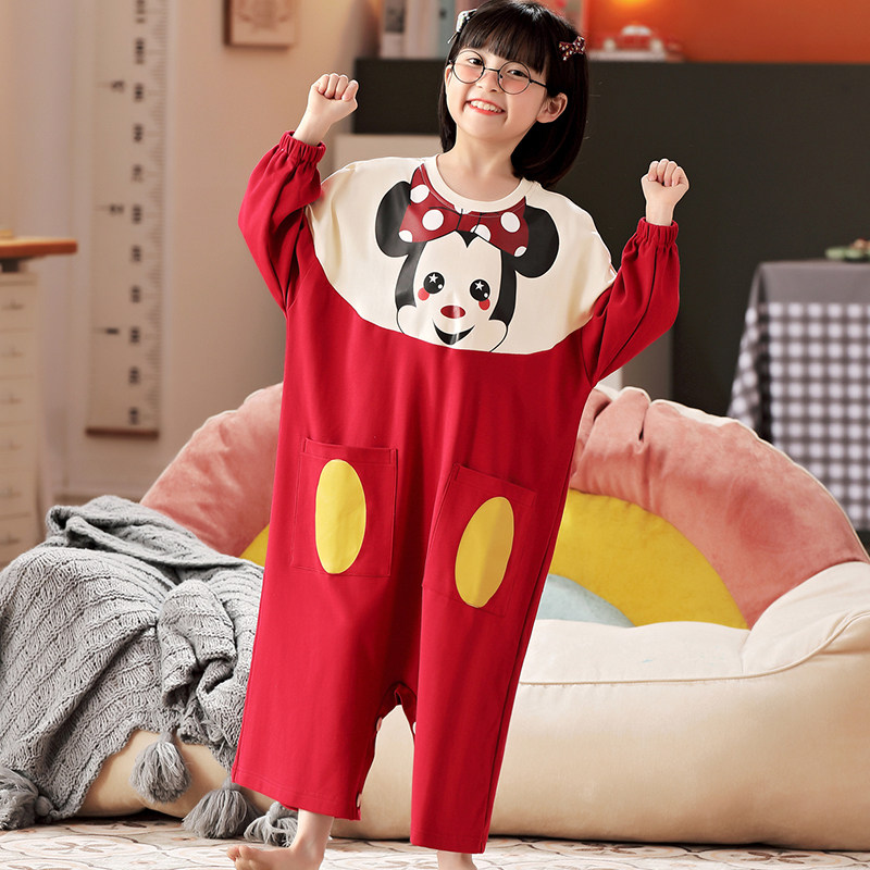 CHILDRENS ONE-PIECE PAJAMAS SUMMER COTTON MIDDLE AND LARGE CHILDREN CHILDREN GIRLS THIN KICK-PROOF LONG-SLEEVED BABY CUTE LOUNGEWEAR