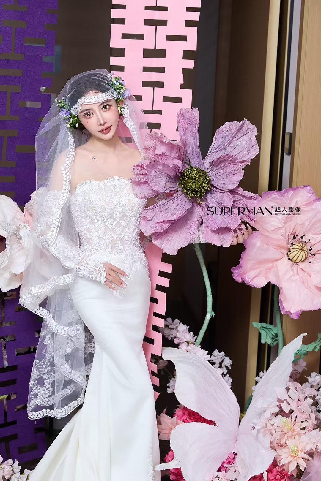 新款蕾丝头纱余爱同款法式气质名媛蕾丝拖尾婚礼拍摄头纱头饰