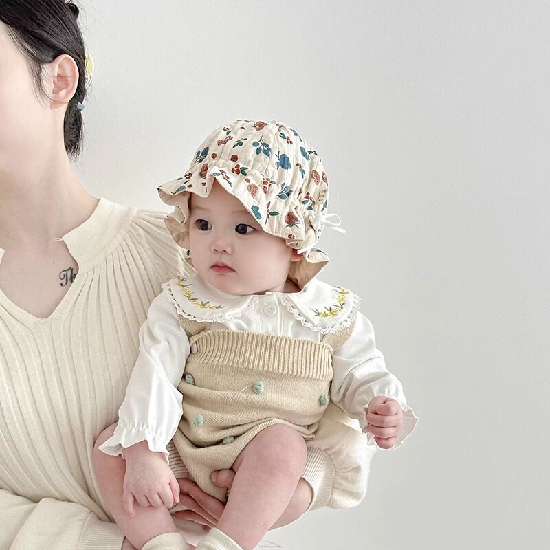 婴儿帽子春秋季可爱棉小月龄盆帽男女宝宝可调节防风花苞渔夫帽
