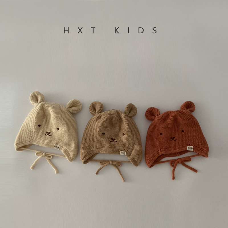 婴儿护耳帽秋冬季超萌可爱小熊系带针织帽婴幼儿宝宝冬天套头帽子