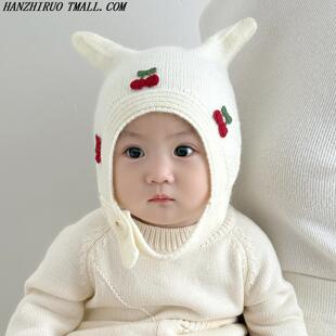 婴儿帽子秋冬季男女宝宝毛线帽针织保暖可爱洋气双角婴幼儿护耳帽