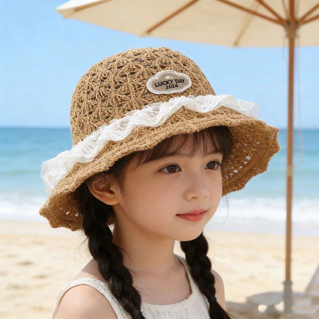 儿童镂空透气草帽夏女孩宝宝蕾丝边太阳帽沙滩户外出游防晒遮阳帽