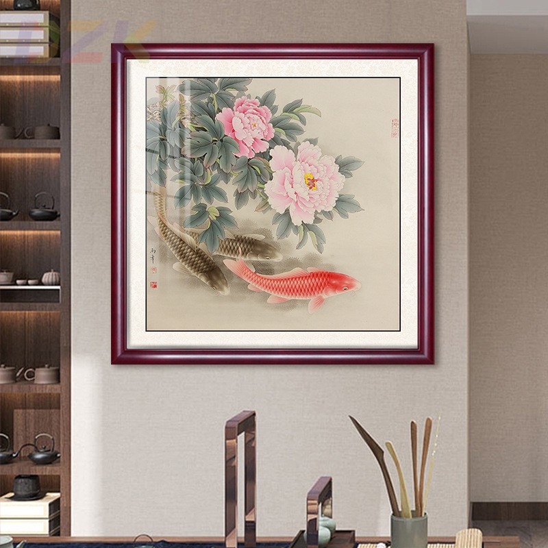年年有余挂画客厅入户玄关卧室装饰画沙发背景墙荷花方形水墨国v5图片