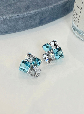 vogueess简约方糖蓝色水晶耳环钉百搭款小众超闪925银针基础配饰