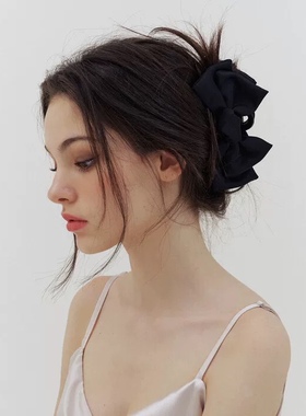 vogueess秋冬新款大号黑色缎面立体蝴蝶结发夹高颅顶抓夹顶夹复古