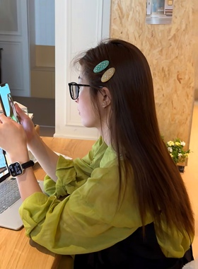 vogueess夏新品小众设计感彩色水钻椭圆发夹侧边夹鸭嘴夹子抬气色