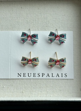 vogueess少女蓝蝴蝶结新款锆石耳环银针时髦耳饰超显嫩质感氛围感