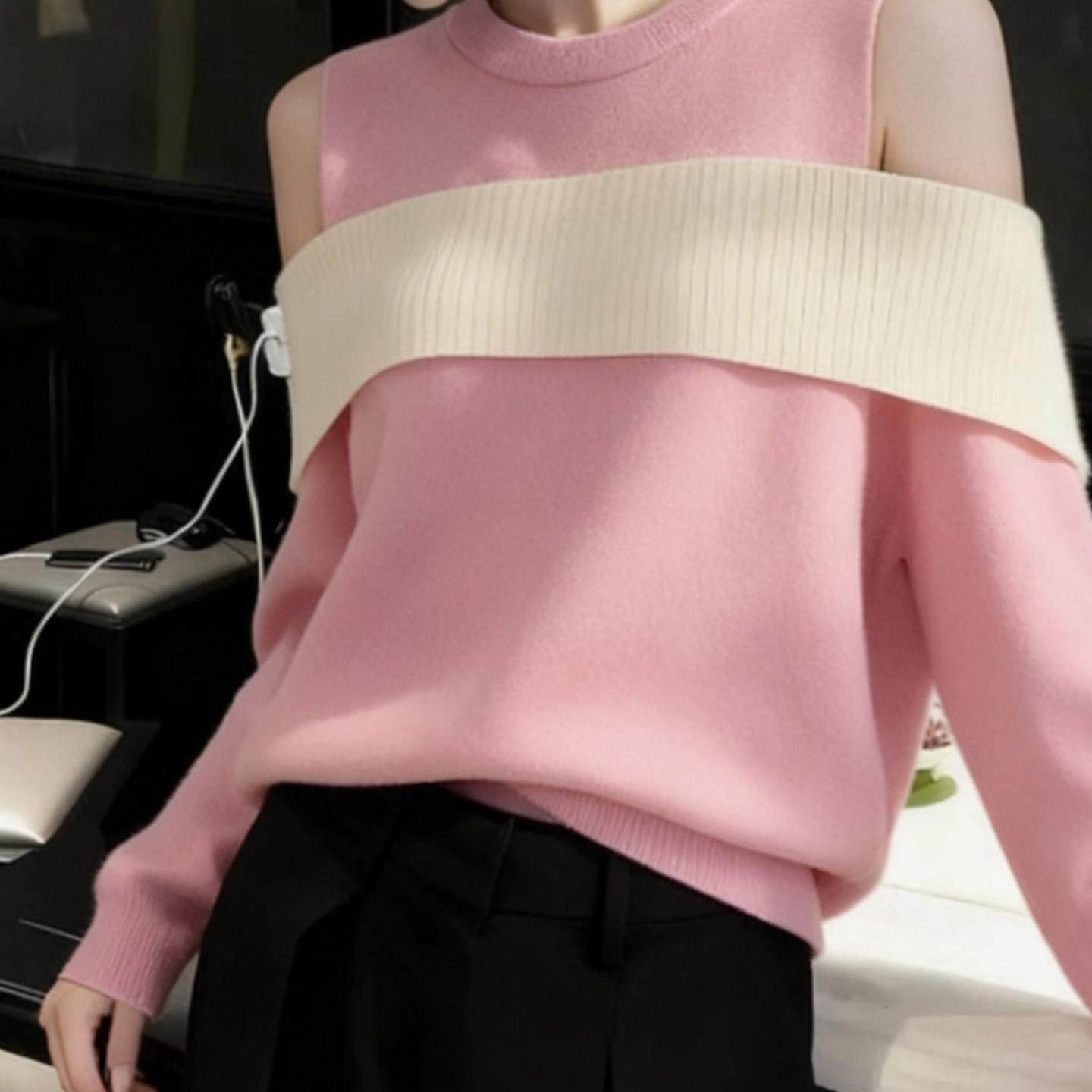 优雅风高级感粉色拼色露肩毛衣针织衫女秋冬新款百搭宽松套头上衣,模玩/动漫/周边/娃圈三坑/桌游,Cosplay女装/cos女装,淘宝优惠券,粉丝福利购,淘宝优惠卷