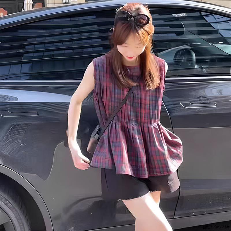 2025夏季新款覆古撞色格子圆领无袖衬衫女高级感轻奢减龄小衫上衣