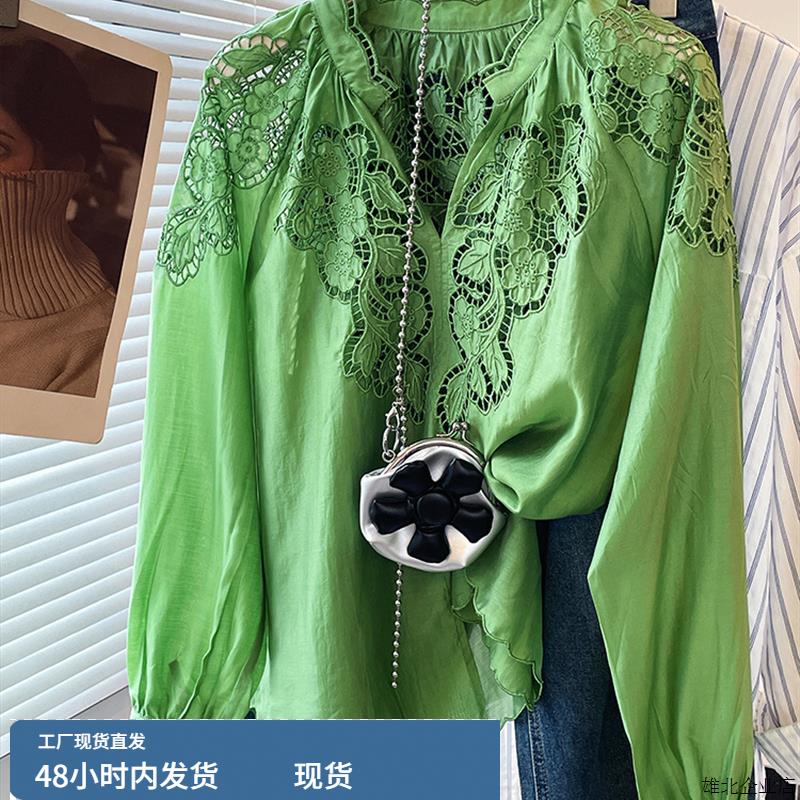 法式时尚轻熟百搭长袖衬衫2025年秋休闲高级清新简约绿色镂空上衣