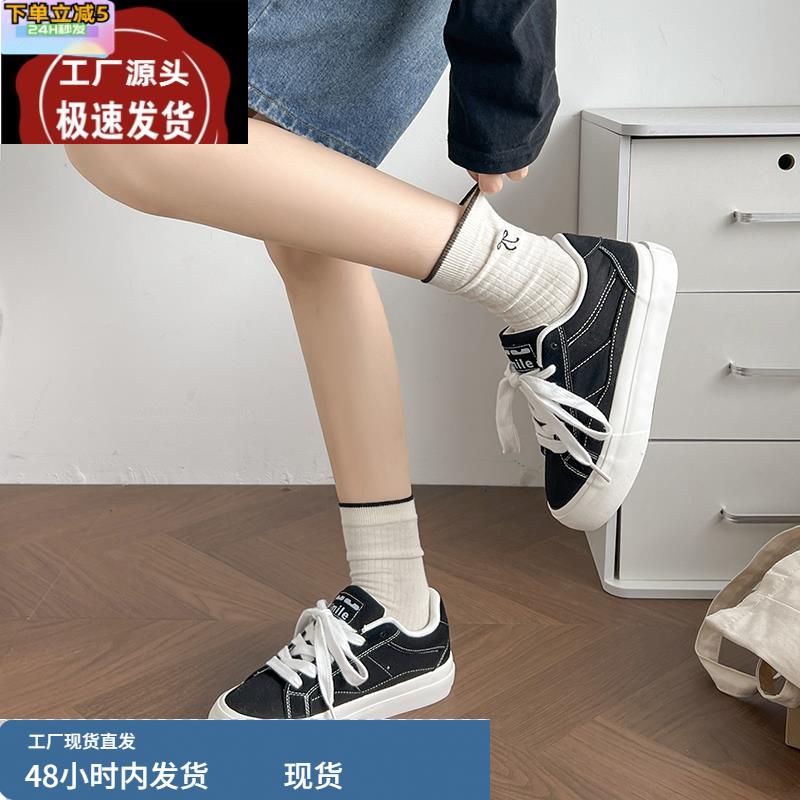 2025新款经典经典复古黑色帆布鞋女透气夏季圆头厚底百搭休闲板鞋