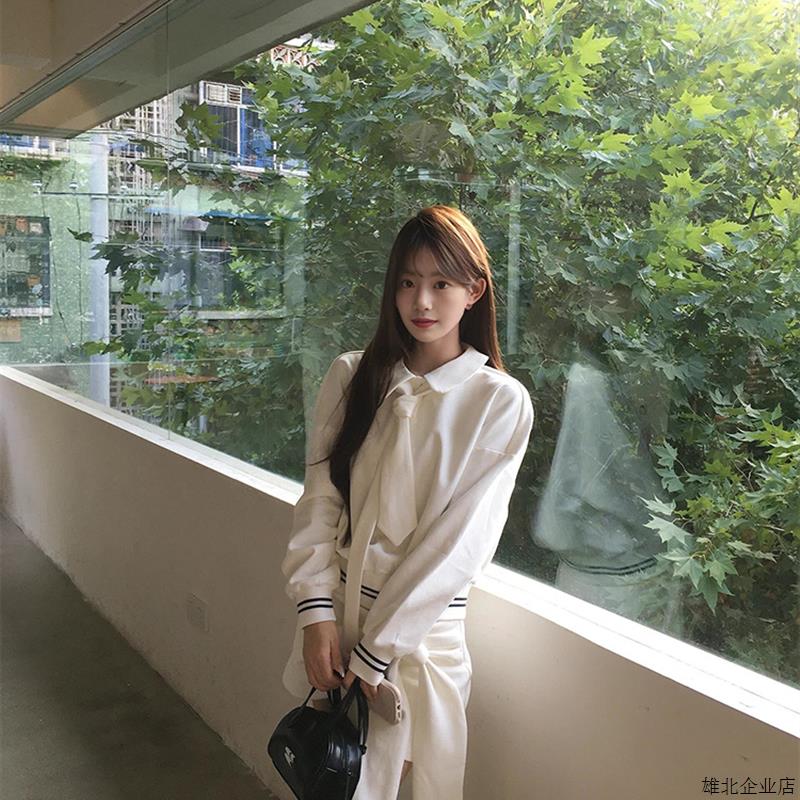 韩系学院风俏皮娃娃领白色卫衣+系带半身裙女2025秋季时尚套装潮