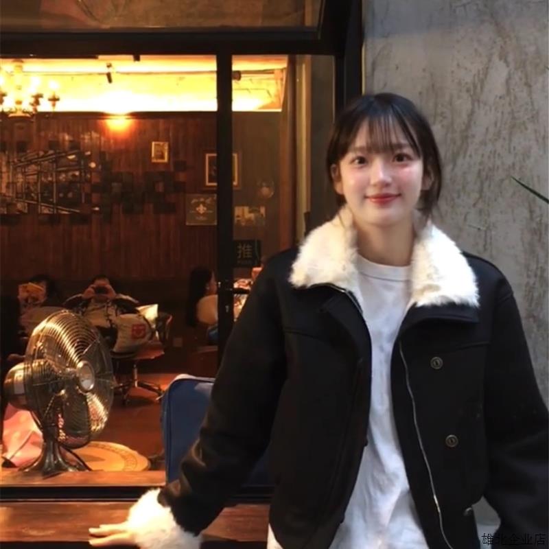 黑色皮毛一体夹克外套女秋冬新款宽松加绒加厚韩系巨好看棉衣棉服