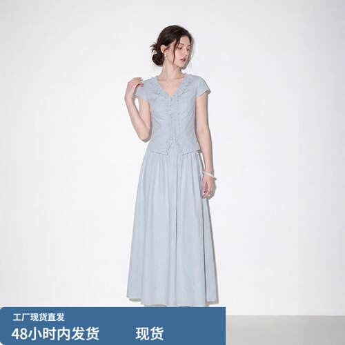 邻家少女风V领花边上衣半身裙套装女2026夏季小清新大码宽松套装