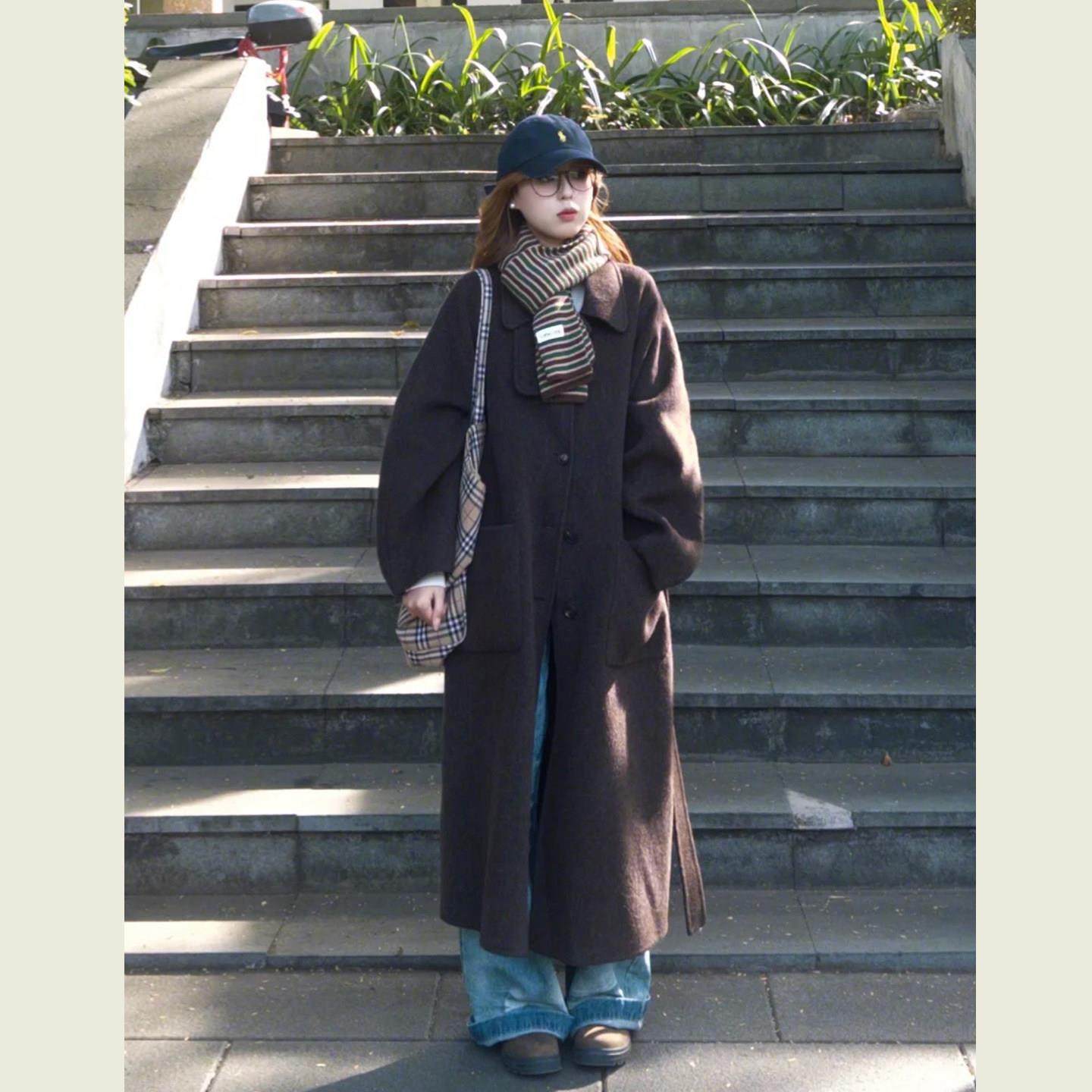 复古深棕色翻领毛呢外套女秋冬季慵懒风显瘦中长款系带呢子大衣,运动/瑜伽/健身/球迷用品,广场舞套装,淘宝优惠券,粉丝福利购,淘宝优惠卷