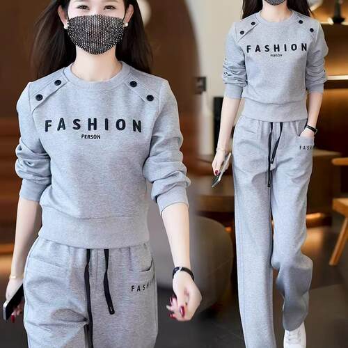 灰色字母印花圆领卫衣抽绳设计阔腿裤两件套女宽松休闲小个子套装