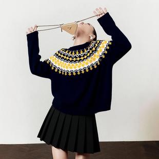 藏青色提花针织毛衣女款2025新款轻熟小众不撞款韩系初冬chic上衣