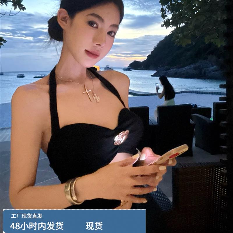 纯欲名媛性感炸街气质露肩挂脖连衣裙高级露背包臀黑色晚礼服长裙