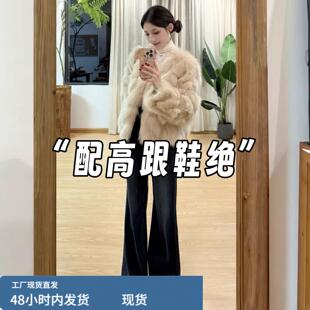 配高跟鞋巨好看不贴腿微喇牛仔裤女秋冬加绒高腰显瘦垂感喇叭裤