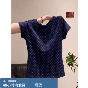 简约风圆领藏青色波点短袖T恤女夏季微胖大尺码宽松显瘦超好看上