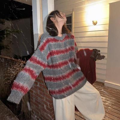 复古马海毛撞色条纹毛衣女秋冬季慵懒风宽松显瘦百搭软糯针织上衣
