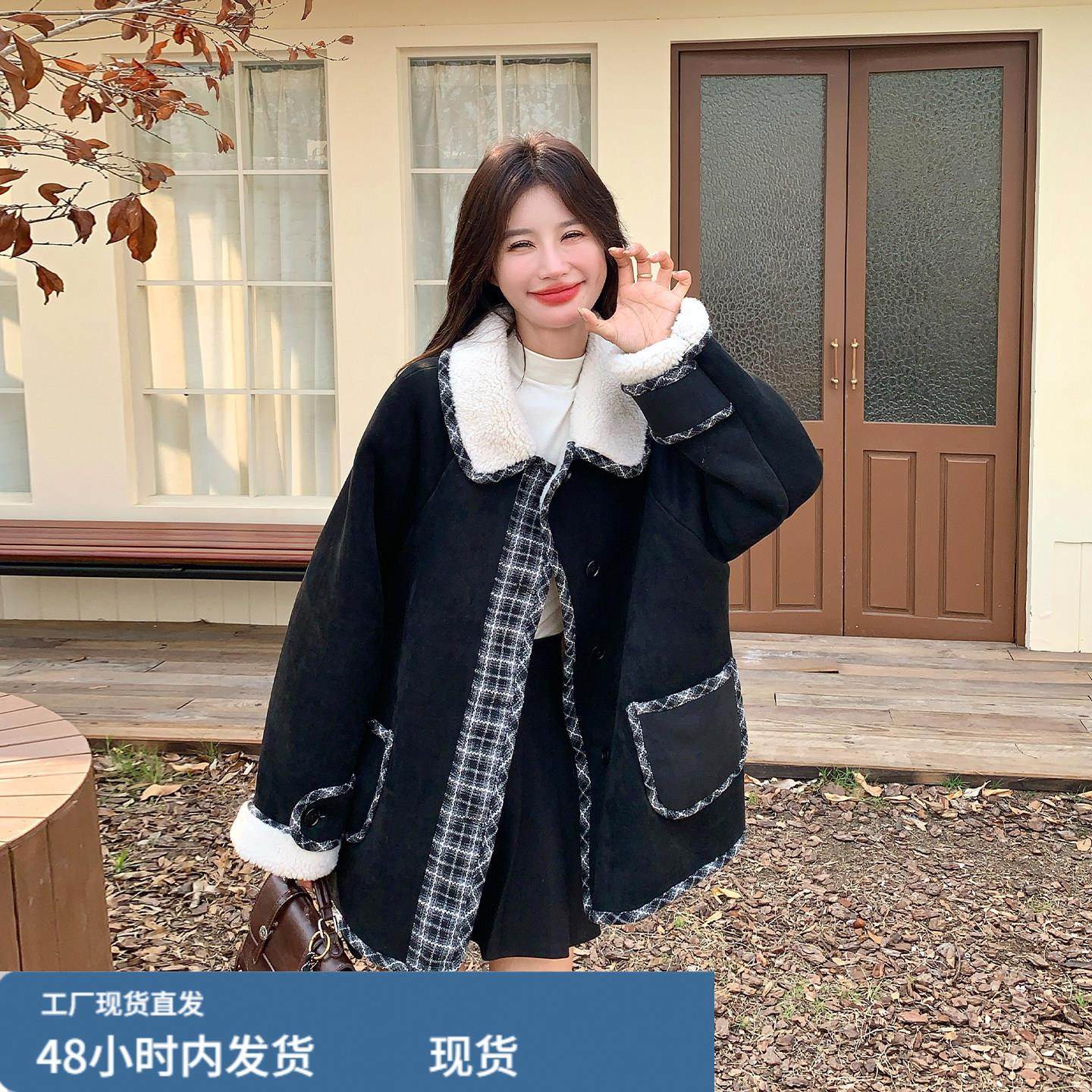 黑色格纹毛领加绒小香风外套2025新款女冬复古皮毛一体棉服厚上衣,运动/瑜伽/健身/球迷用品,广场舞套装,淘宝优惠券,粉丝福利购,淘宝优惠卷