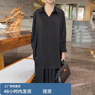 阔太太宽松气质V领休闲套装女春季大码时尚遮肉衬衫阔腿裤两件套
