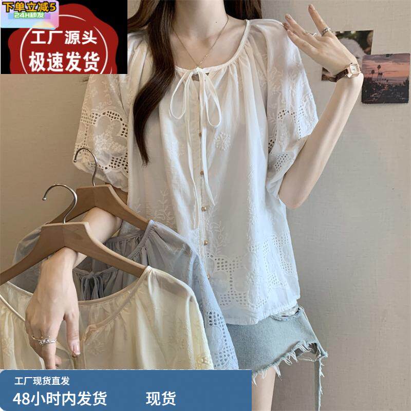 法式气质高级感灯笼袖衬衫女夏大码胖mm显瘦时尚洋气减龄短袖上衣