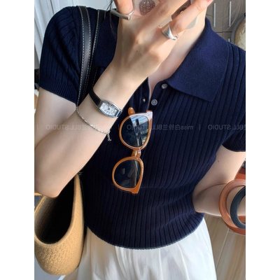 藏青色polo衫冰丝短袖正肩女t恤夏季修身显瘦短款翻领针织衫上衣