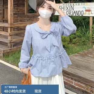 蝴蝶結藍色格子襯衫 小資獨特長袖 亞麻棉麻上衣套裝 女早秋穿搭法式