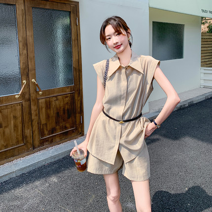 高级感时尚休闲短裤套装女2025夏季新款韩系轻熟风无袖衬衫两件套