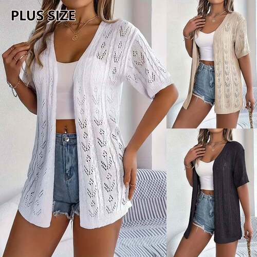 Summer New Pure Color Hollow Out Short Sleeve Knit Cardigan