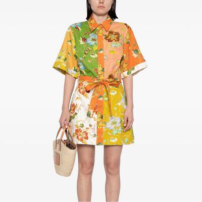 Women's Summer Linen Floral Print Dress Tie-Waist Short