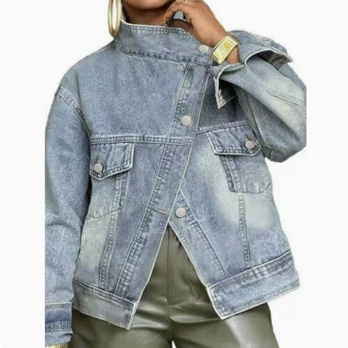 Women's Vintage Washed High-Neck Asymmetric Button Loose