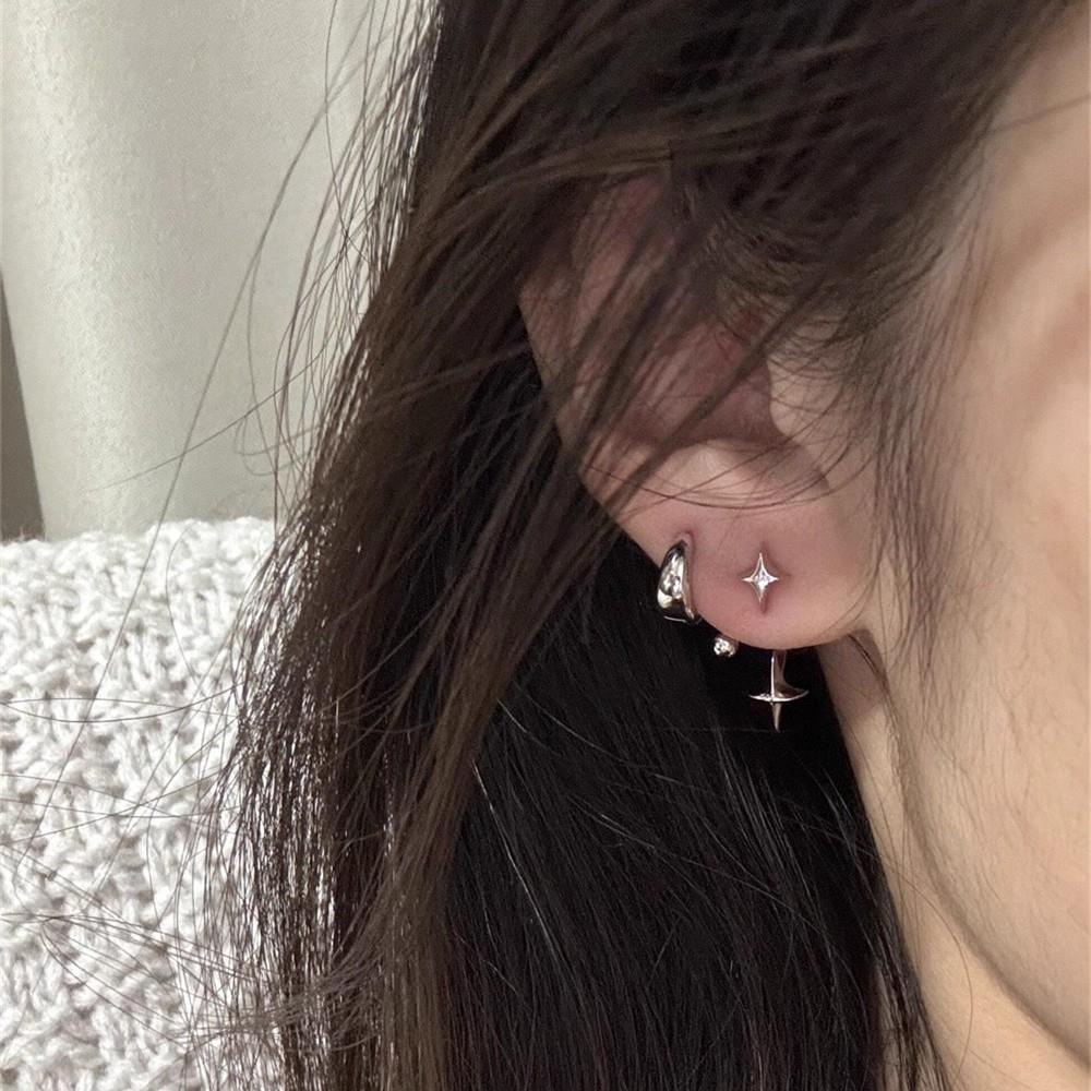 冷淡风四芒星耳钉叠戴银色素圈耳环女2025新款小众设计感耳扣耳饰
