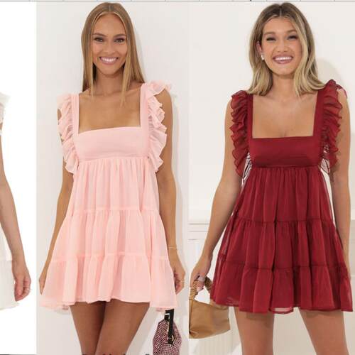 Womens Summer Ruffle Strap Mini Dress Sleeveless Square Neck