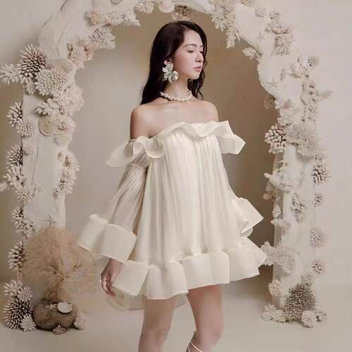 Women's White Off-Shoulder Mini Dress Cascade Ruffle