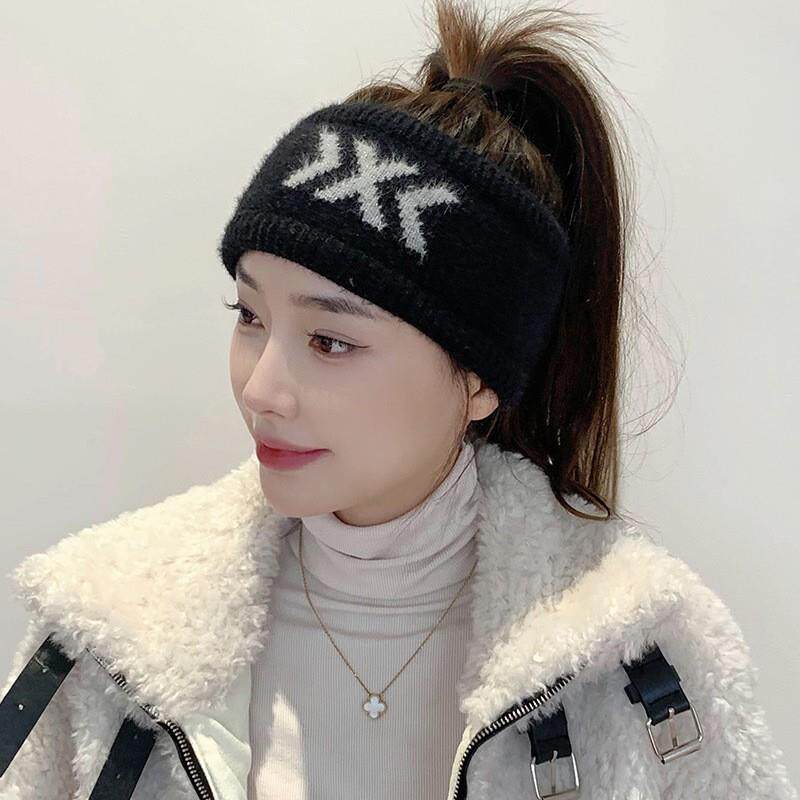 秋冬女保暖户外运动跑步头套发带发毛线针织宽边帽子护白发头套