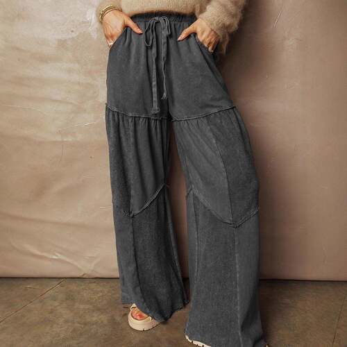 Women ’ s Black Retro Mineral Wash Tiered Wide Leg Casual