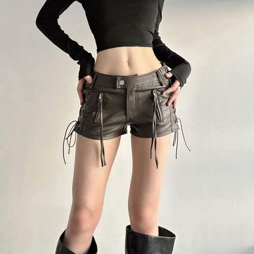 Women's PU Leather Shorts Low Waist Zipper Button Design