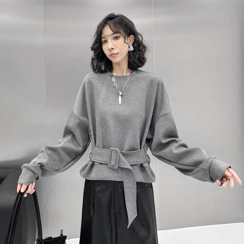 Long Sleeves Loose Belt Buckle Solid Color Round-Neck