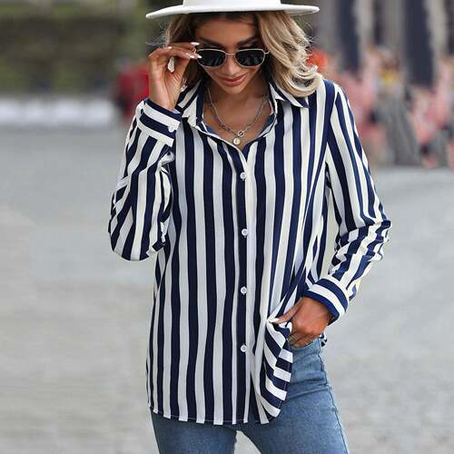 Women's Simple Loose Fit Long Sleeve Shirt  Blue Striped